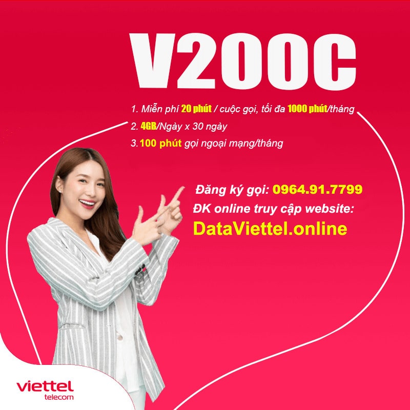 ĐK gói cước V200C Viettel 4Gb/ngày ⭐ Gọi Viettel Free 100p ngoại mạng